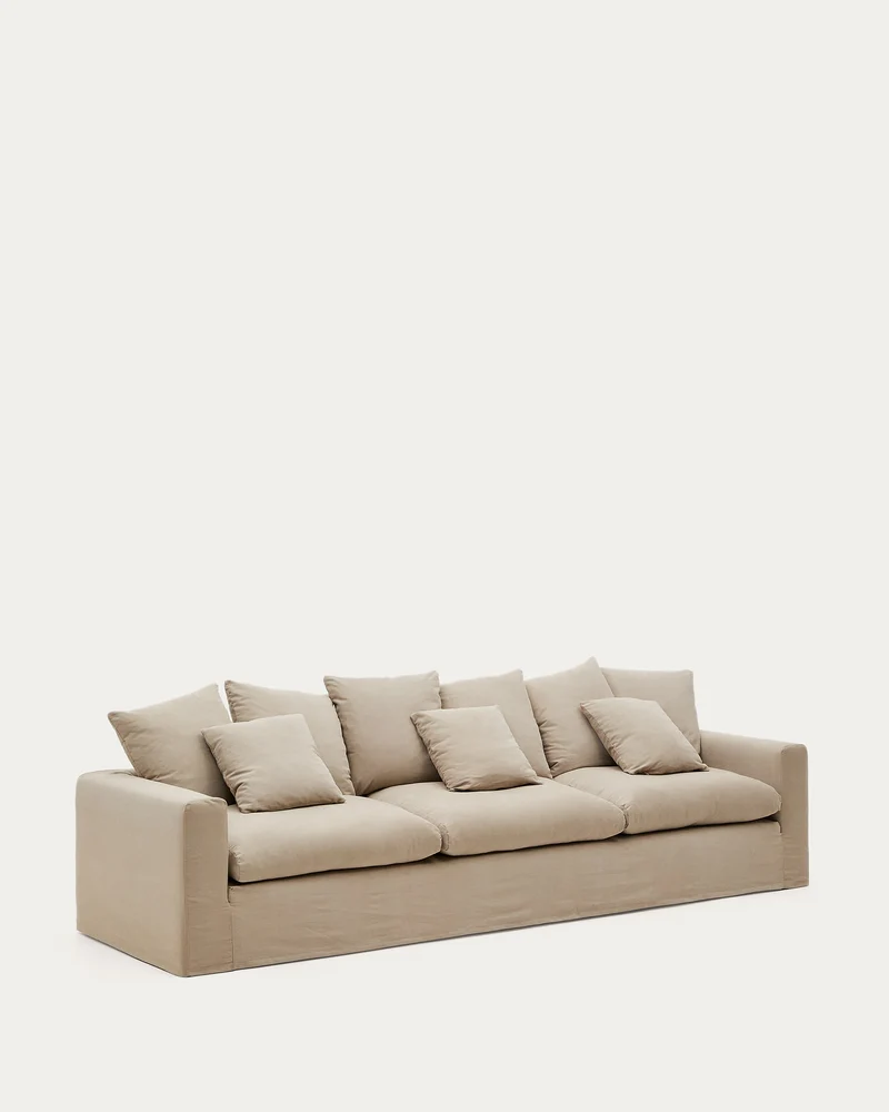 4-Sitzer Sofa Nora mit abnehmbarem Bezug und Kissen aus Leinen und Baumwolle in Taupe 340