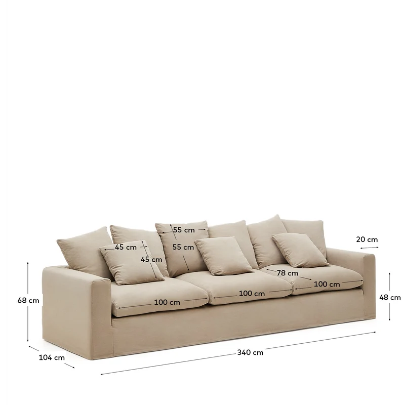 4-Sitzer Sofa Nora mit abnehmbarem Bezug und Kissen aus Leinen und Baumwolle in Taupe 340
