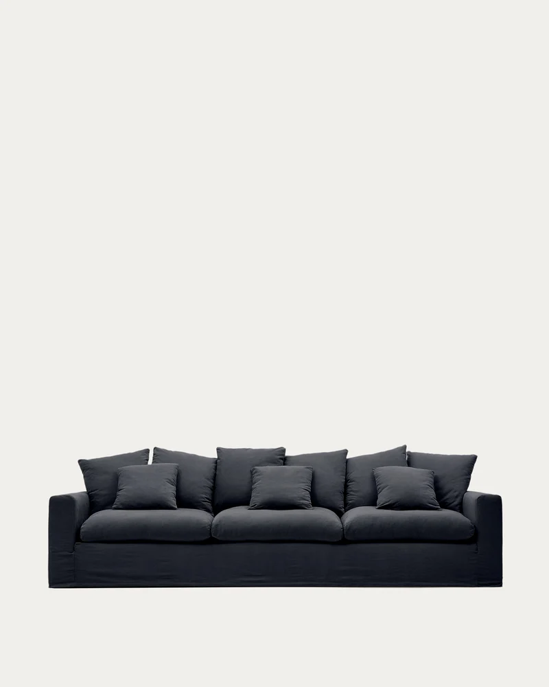 4-Sitzer Sofa Nora mit abnehmbarem Bezug und Kissen aus Leinen und Baumwolle in Anthrazitg