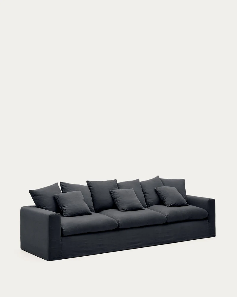 4-Sitzer Sofa Nora mit abnehmbarem Bezug und Kissen aus Leinen und Baumwolle in Anthrazitg