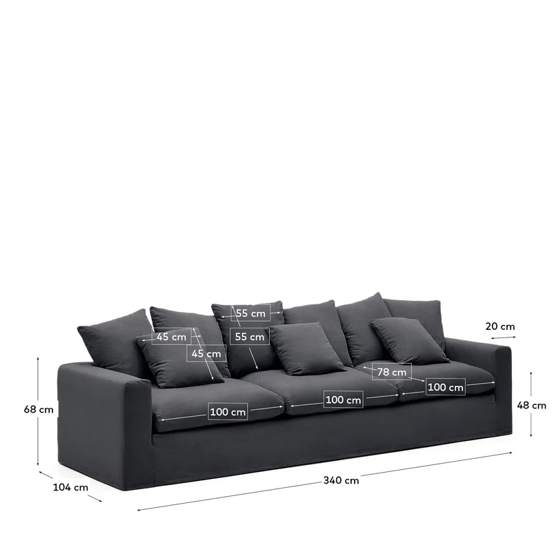 4-Sitzer Sofa Nora mit abnehmbarem Bezug und Kissen aus Leinen und Baumwolle in Anthrazitg