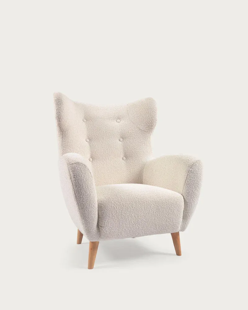 Patio Sessel mit Bouclé-Polsterung in Weiss und Beinen aus massivem Buchenholz natur FSC Mi