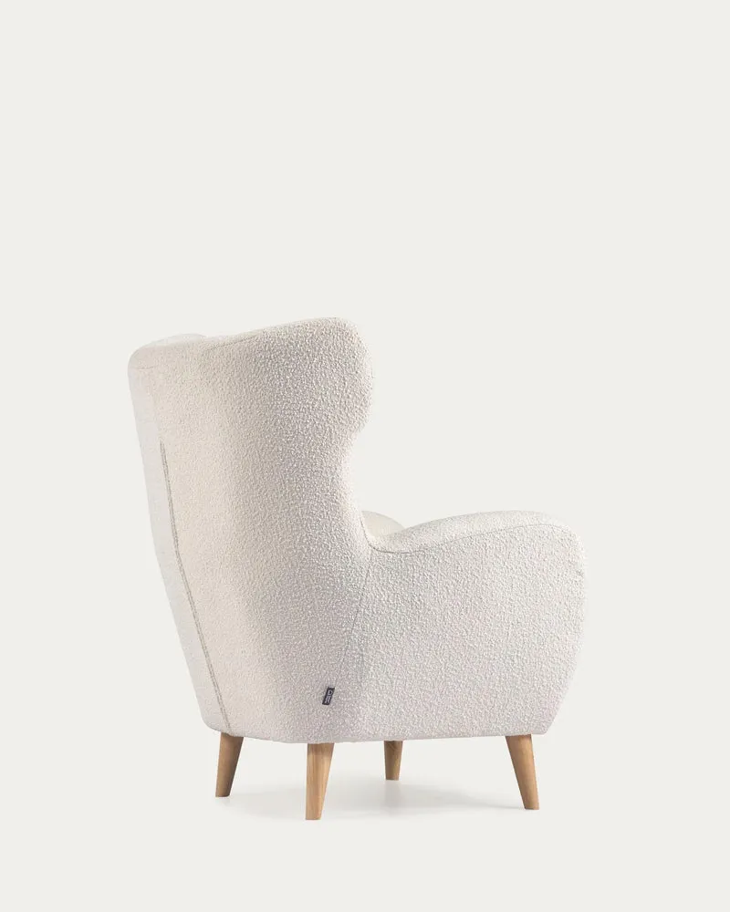 Patio Sessel mit Bouclé-Polsterung in Weiss und Beinen aus massivem Buchenholz natur FSC Mi