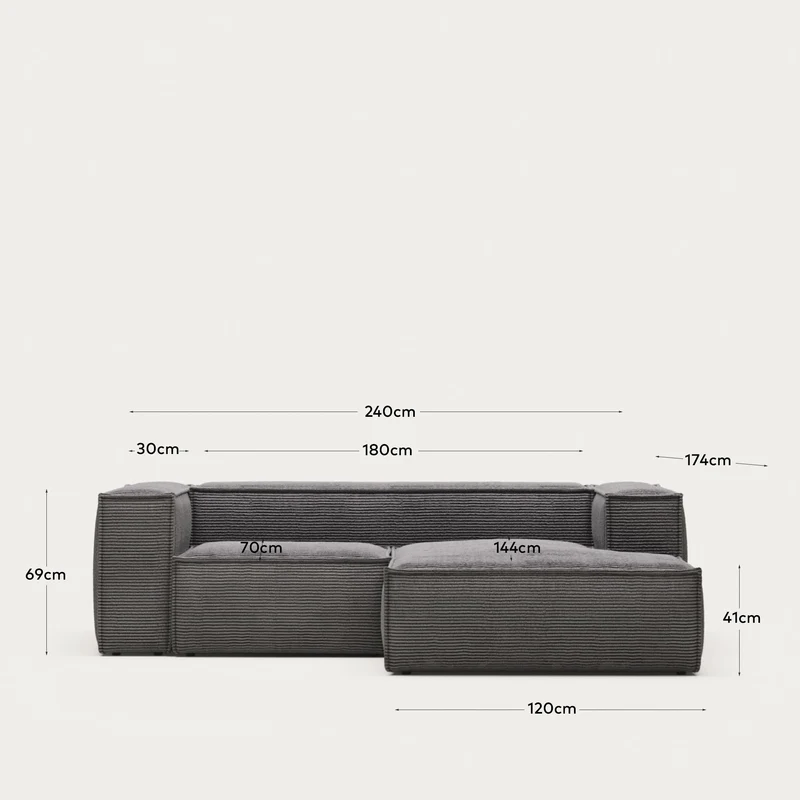 2-Sitzer-Sofa Blok mit dickem, grauen Cord und Chaiselongue rechts 240 cm FSC Mix Credit