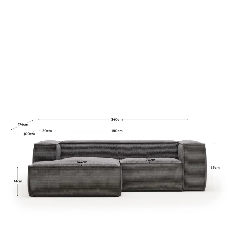 2-Sitzer-Sofa Blok mit dickem, grauen Cord und Chaiselongue links 240 cm FSC Mix Credit