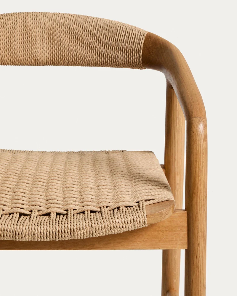 Hocker Derile aus massivem Eichenholz mit Finish in natürlichem Farbton und beigem Papiers