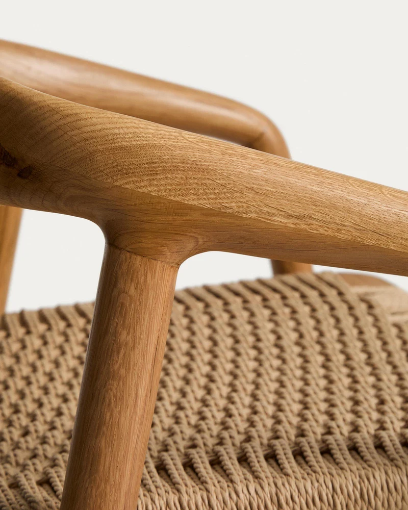 Hocker Derile aus massivem Eichenholz mit Finish in natürlichem Farbton und beigem Papiers