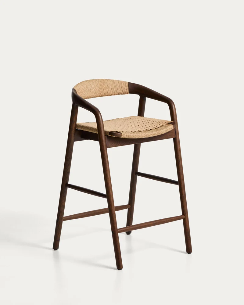 Hocker Derile aus massivem Eichenholz mit Nussbaum-Finish und beigem Papierseil FSC Mix Cr