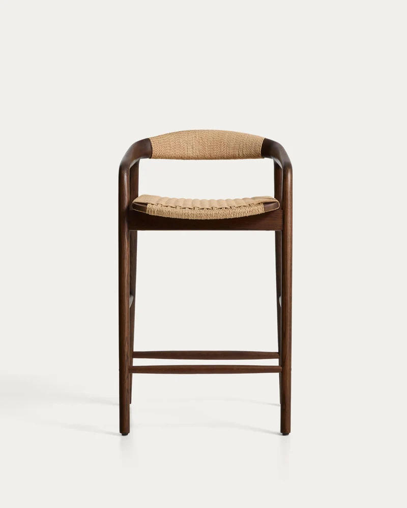 Hocker Derile aus massivem Eichenholz mit Nussbaum-Finish und beigem Papierseil FSC Mix Cr