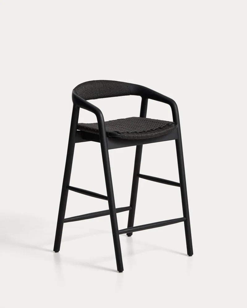 Hocker Derile aus massivem Eichenholz mit schwarzem Finish und schwarzem Papierseil FSC Mi