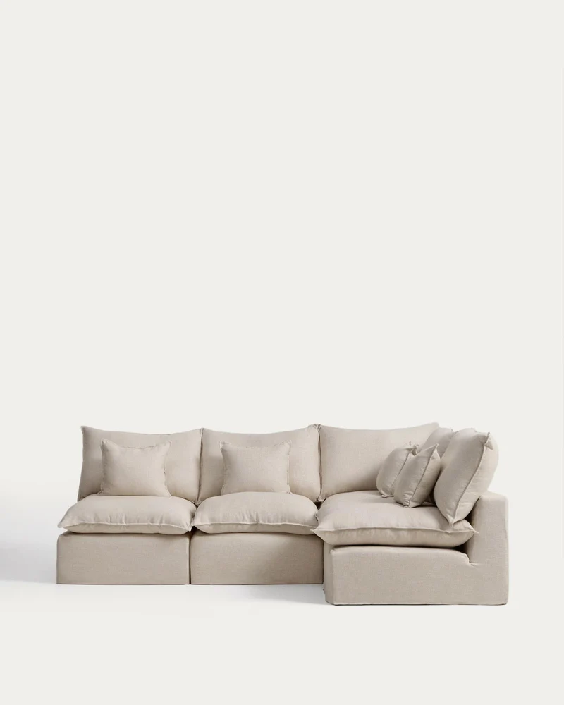 Modulares 4-Sitzer-Ecksofa Anarela mit abnehmbarem Bezug aus Leinen und Viskose in Beige,