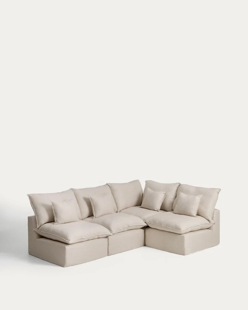 Modulares 4-Sitzer-Ecksofa Anarela mit abnehmbarem Bezug aus Leinen und Viskose in Beige,
