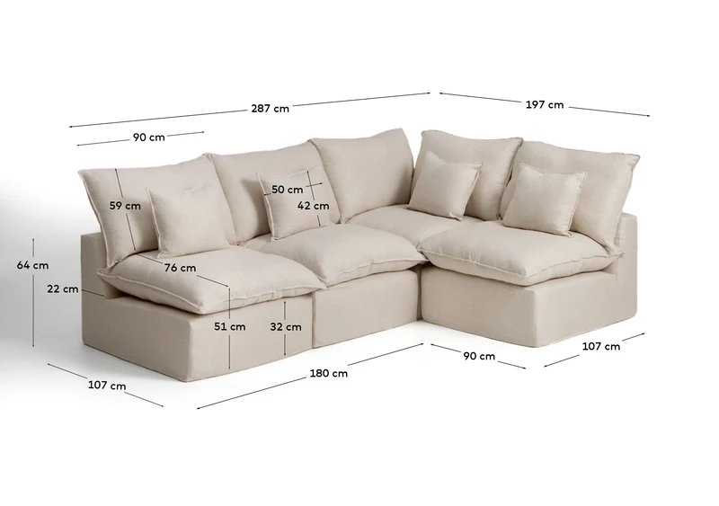Modulares 4-Sitzer-Ecksofa Anarela mit abnehmbarem Bezug aus Leinen und Viskose in Beige,