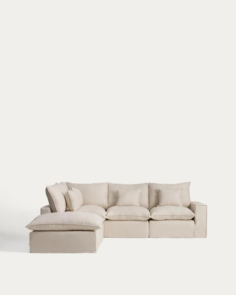 Modulares 4-Sitzer-Ecksofa Anarela mit abnehmbarem Bezug aus Leinen und Viskose in Beige,