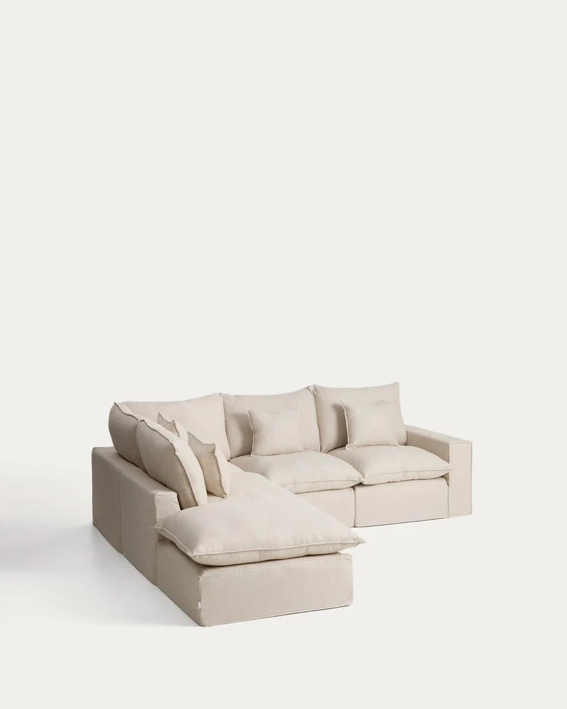 Modulares 4-Sitzer-Ecksofa Anarela mit abnehmbarem Bezug aus Leinen und Viskose in Beige,