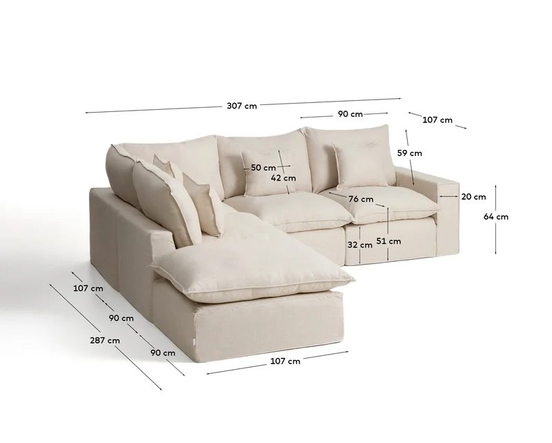 Modulares 4-Sitzer-Ecksofa Anarela mit abnehmbarem Bezug aus Leinen und Viskose in Beige,