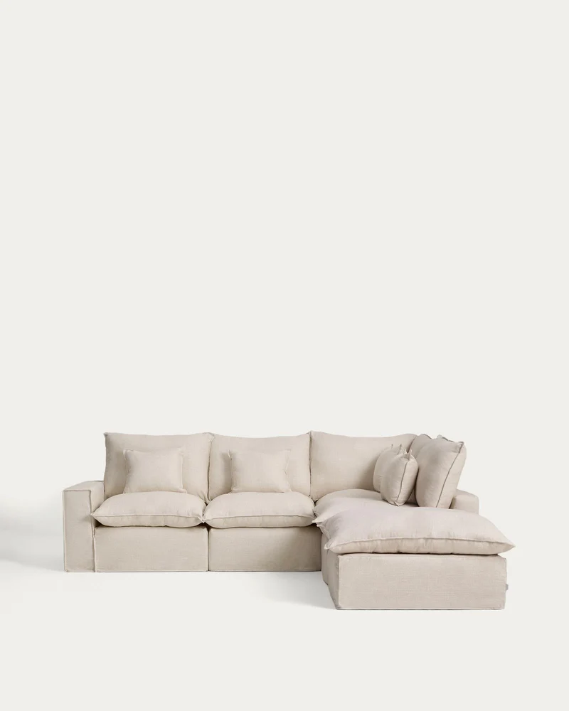 Modulares 4-Sitzer-Ecksofa Anarela mit abnehmbarem Bezug aus Leinen und Viskose in Beige,
