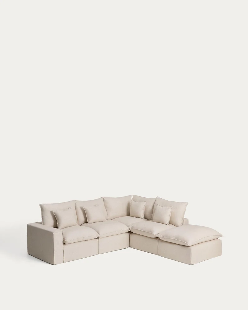 Modulares 4-Sitzer-Ecksofa Anarela mit abnehmbarem Bezug aus Leinen und Viskose in Beige,