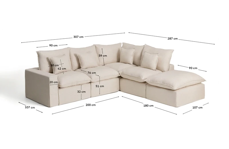 Modulares 4-Sitzer-Ecksofa Anarela mit abnehmbarem Bezug aus Leinen und Viskose in Beige,