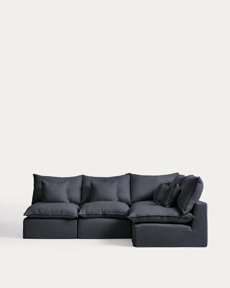 Modulares 4-Sitzer-Ecksofa Anarela mit abnehmbarem Bezug aus Leinen und Viskose in Dunkelg