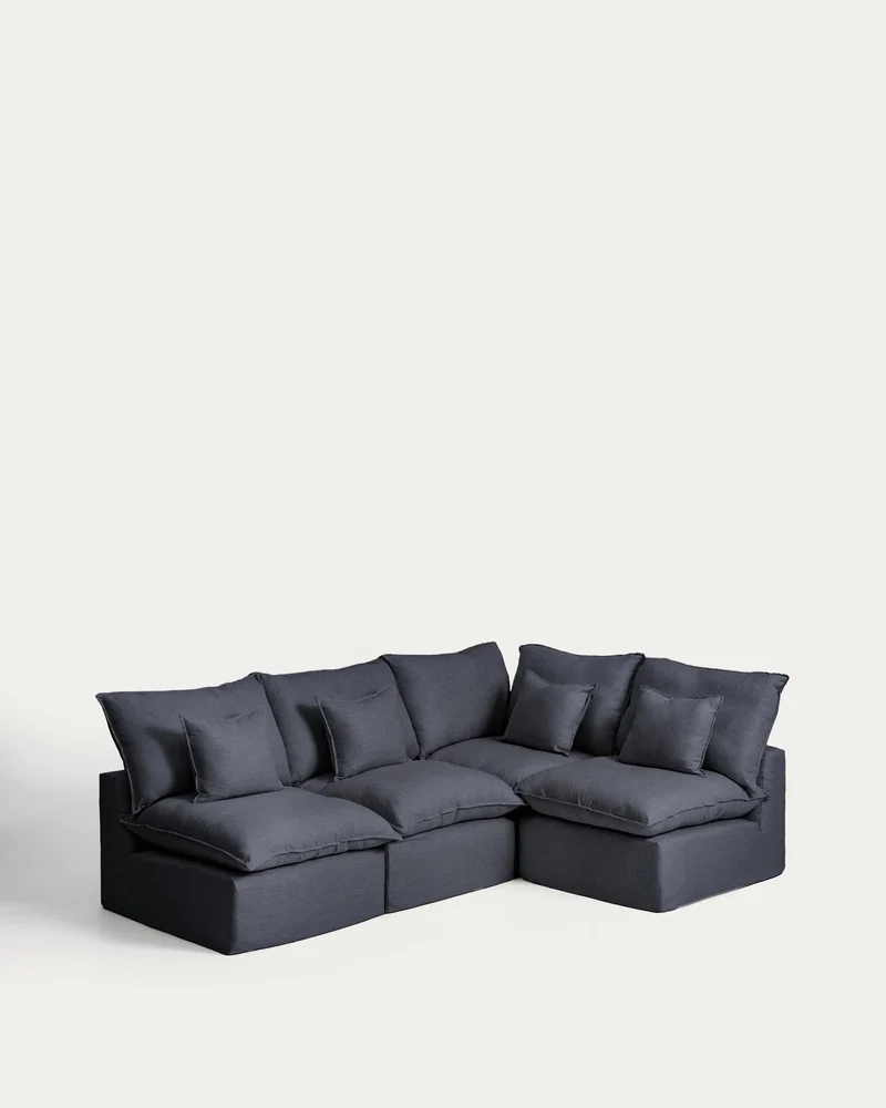 Modulares 4-Sitzer-Ecksofa Anarela mit abnehmbarem Bezug aus Leinen und Viskose in Dunkelg