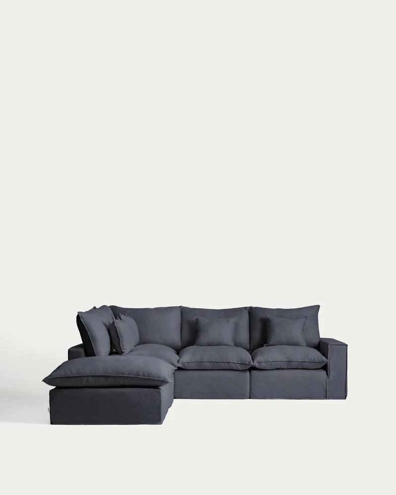 Modulares 4-Sitzer-Ecksofa Anarela mit abnehmbarem Bezug aus Leinen und Viskose in Dunkelg