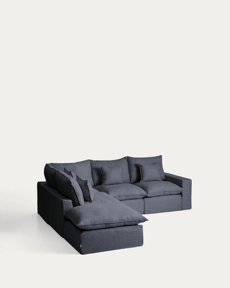 Modulares 4-Sitzer-Ecksofa Anarela mit abnehmbarem Bezug aus Leinen und Viskose in Dunkelg