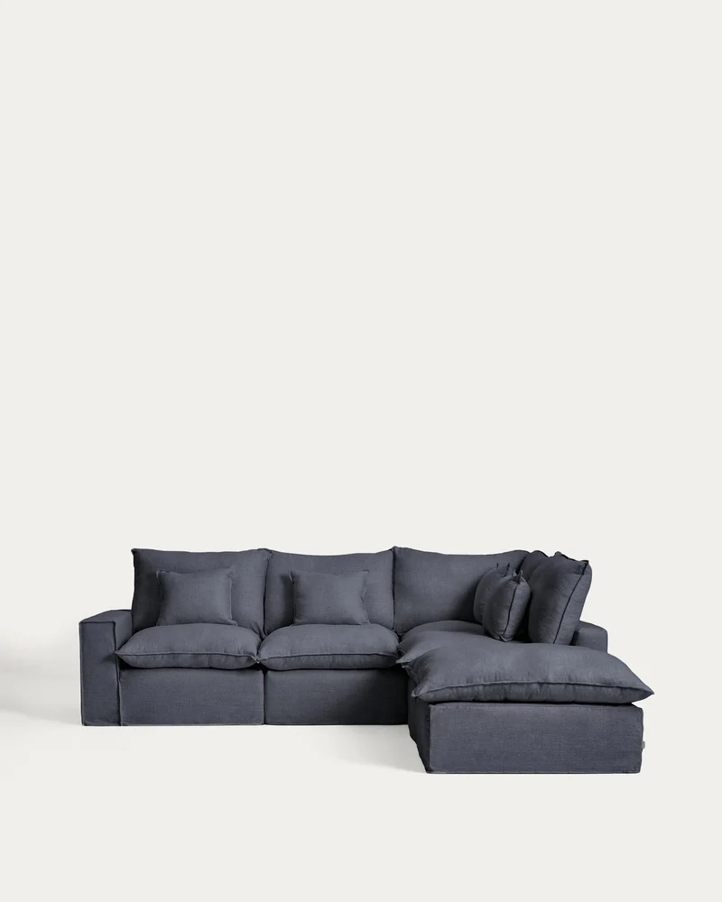 Modulares 4-Sitzer-Ecksofa Anarela mit abnehmbarem Bezug aus Leinen und Viskose in Dunkelg
