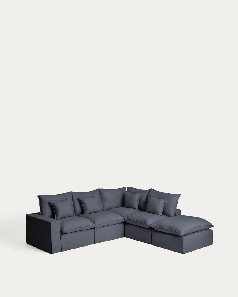 Modulares 4-Sitzer-Ecksofa Anarela mit abnehmbarem Bezug aus Leinen und Viskose in Dunkelg