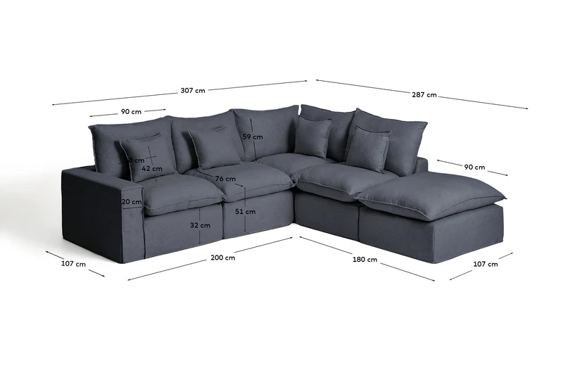 Modulares 4-Sitzer-Ecksofa Anarela mit abnehmbarem Bezug aus Leinen und Viskose in Dunkelg