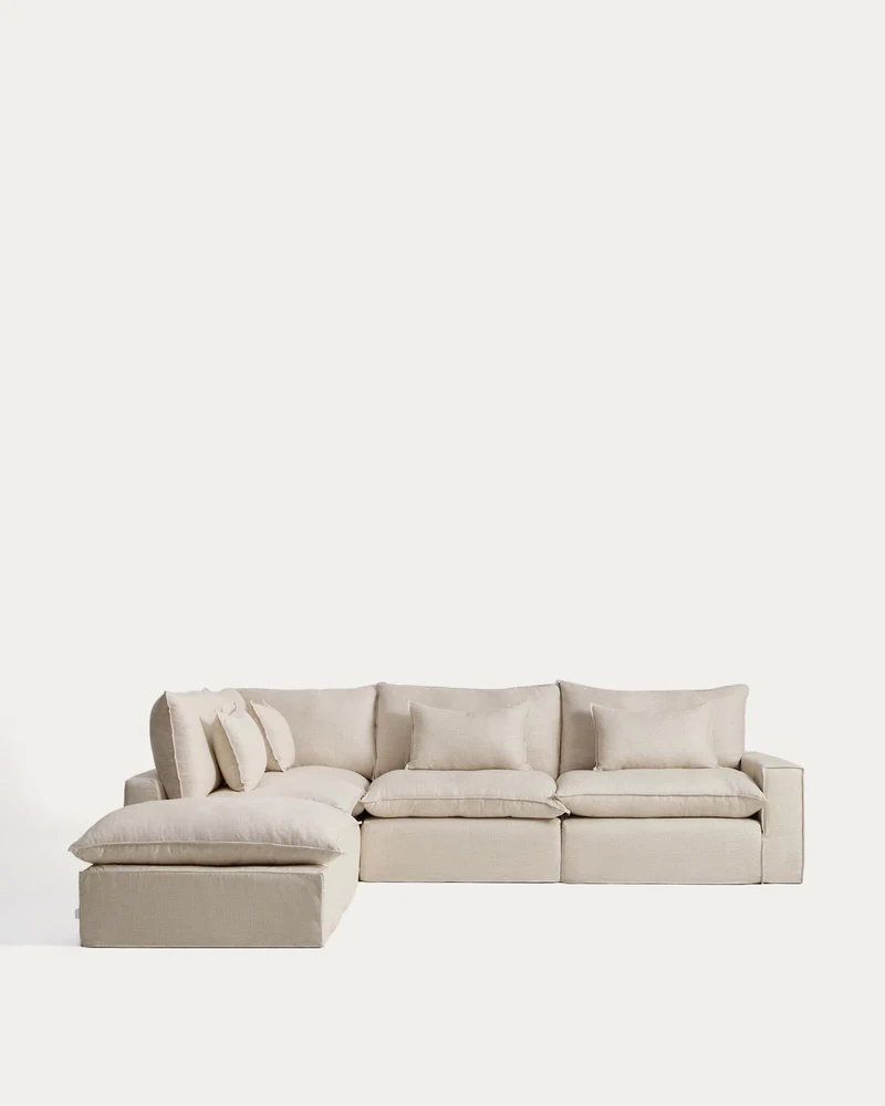 Modulares 6-Sitzer-Ecksofa Anarela mit abnehmbarem Bezug aus Leinen und Viskose in Beige,