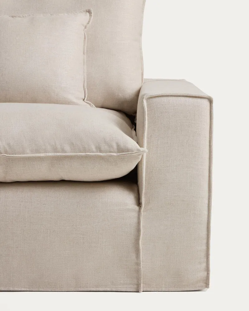 Modulares 6-Sitzer-Ecksofa Anarela mit abnehmbarem Bezug aus Leinen und Viskose in Beige,