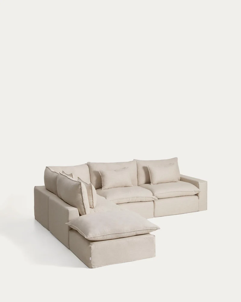 Modulares 6-Sitzer-Ecksofa Anarela mit abnehmbarem Bezug aus Leinen und Viskose in Beige,