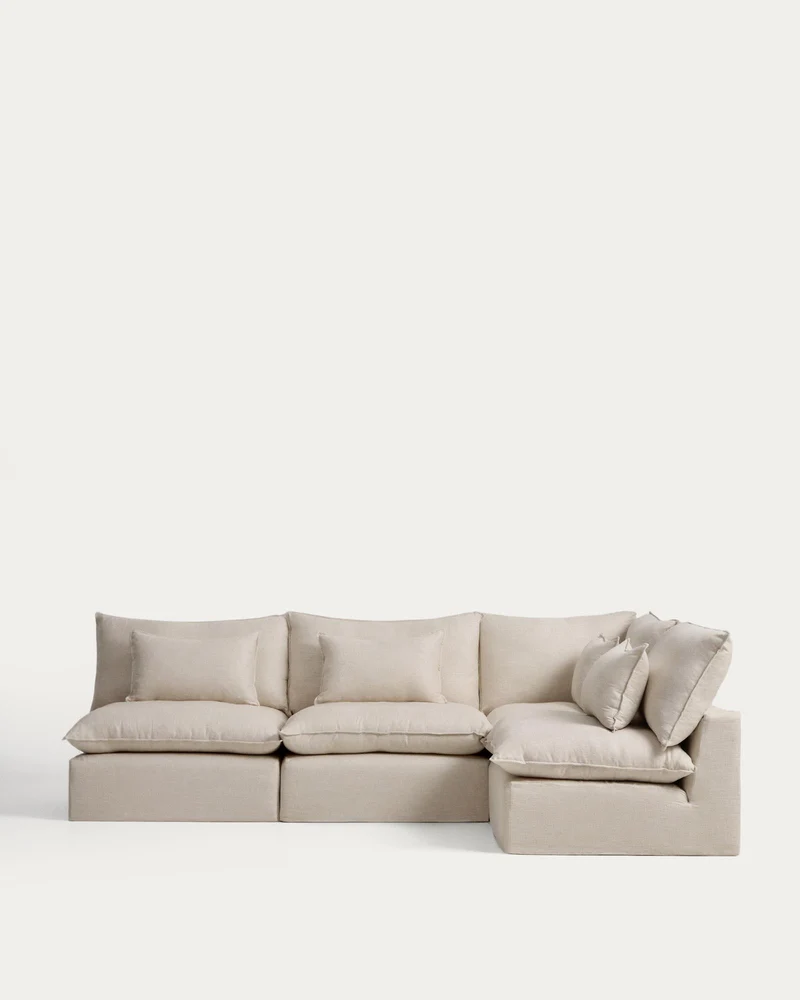 Modulares 6-Sitzer-Ecksofa Anarela mit abnehmbarem Bezug aus Leinen und Viskose in Beige,