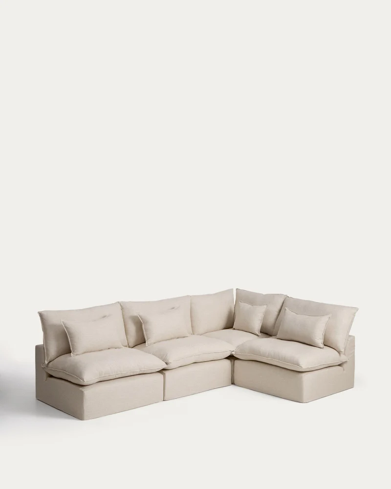 Modulares 6-Sitzer-Ecksofa Anarela mit abnehmbarem Bezug aus Leinen und Viskose in Beige,