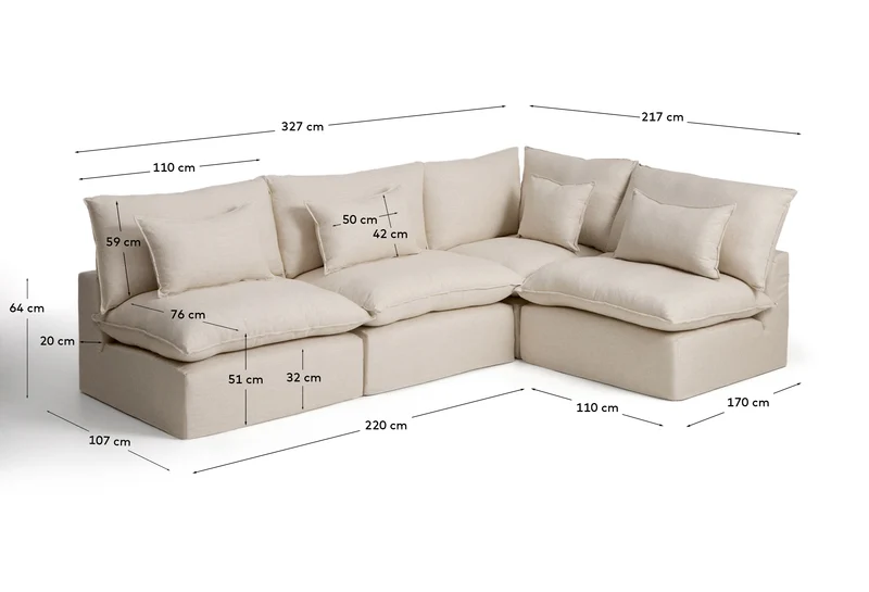 Modulares 6-Sitzer-Ecksofa Anarela mit abnehmbarem Bezug aus Leinen und Viskose in Beige,