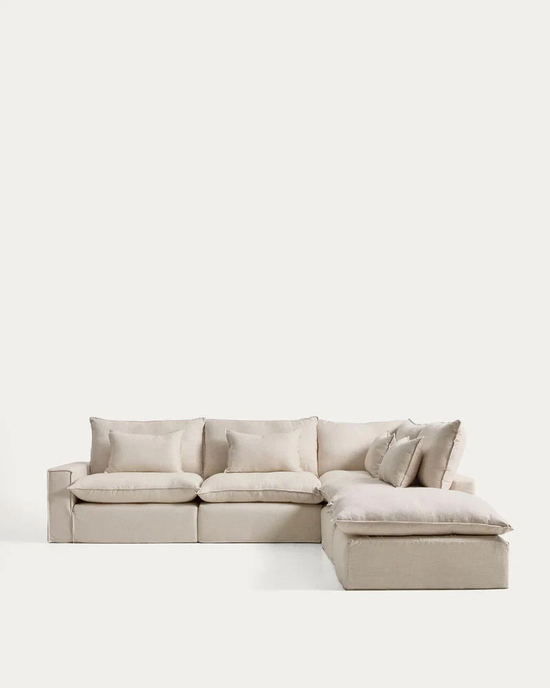 Modulares 6-Sitzer-Ecksofa Anarela mit abnehmbarem Bezug aus Leinen und Viskose in Beige,