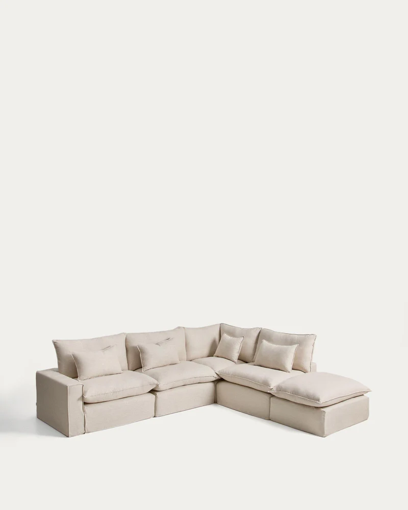 Modulares 6-Sitzer-Ecksofa Anarela mit abnehmbarem Bezug aus Leinen und Viskose in Beige,