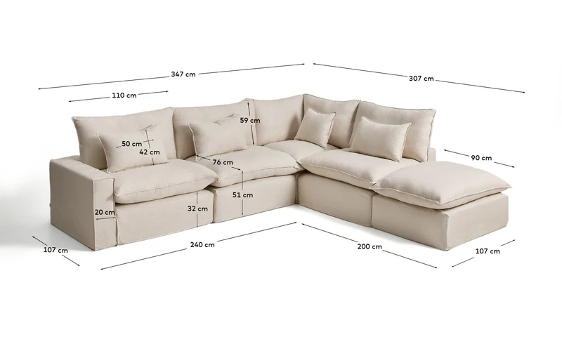 Modulares 6-Sitzer-Ecksofa Anarela mit abnehmbarem Bezug aus Leinen und Viskose in Beige,