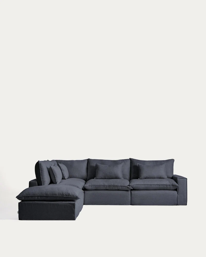 Modulares 6-Sitzer-Ecksofa Anarela mit abnehmbarem Bezug aus Leinen und Viskose in Dunkelg