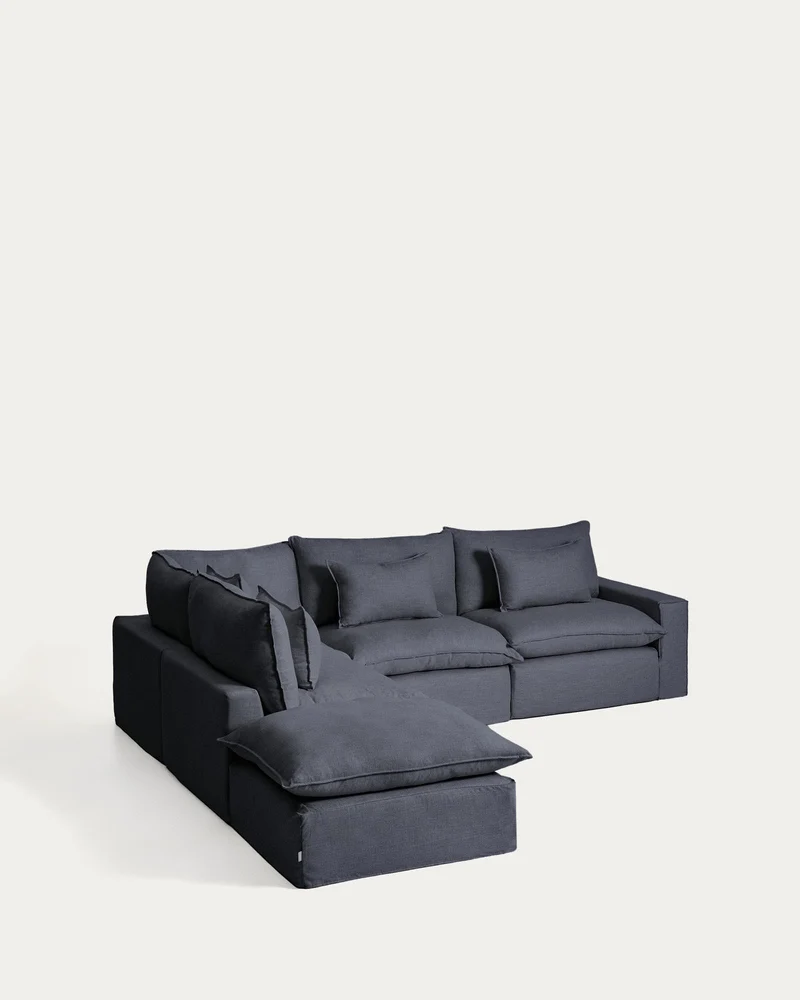 Modulares 6-Sitzer-Ecksofa Anarela mit abnehmbarem Bezug aus Leinen und Viskose in Dunkelg