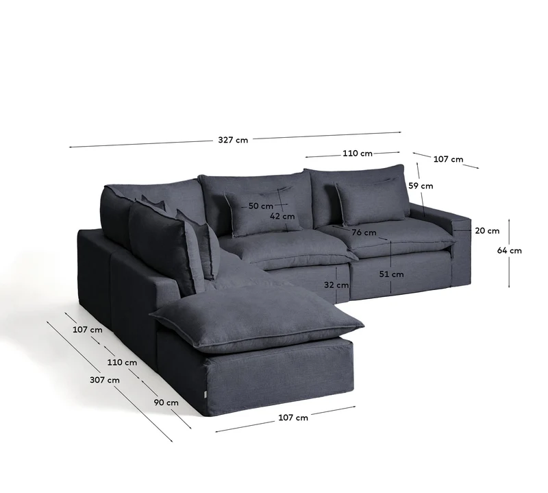 Modulares 6-Sitzer-Ecksofa Anarela mit abnehmbarem Bezug aus Leinen und Viskose in Dunkelg