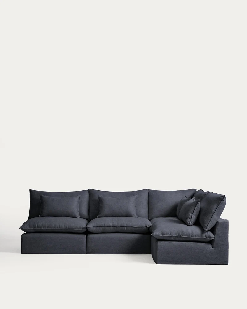 Modulares 6-Sitzer-Ecksofa Anarela mit abnehmbarem Bezug aus Leinen und Viskose in Dunkelg