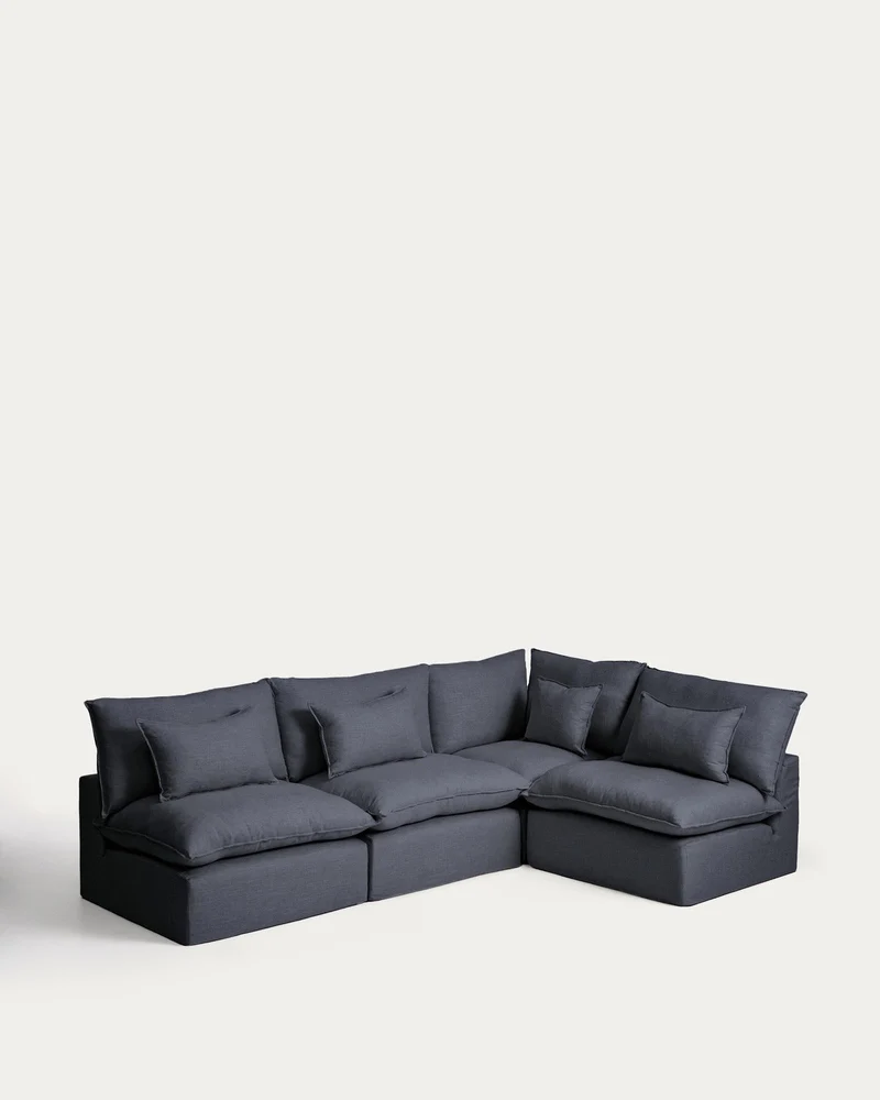 Modulares 6-Sitzer-Ecksofa Anarela mit abnehmbarem Bezug aus Leinen und Viskose in Dunkelg