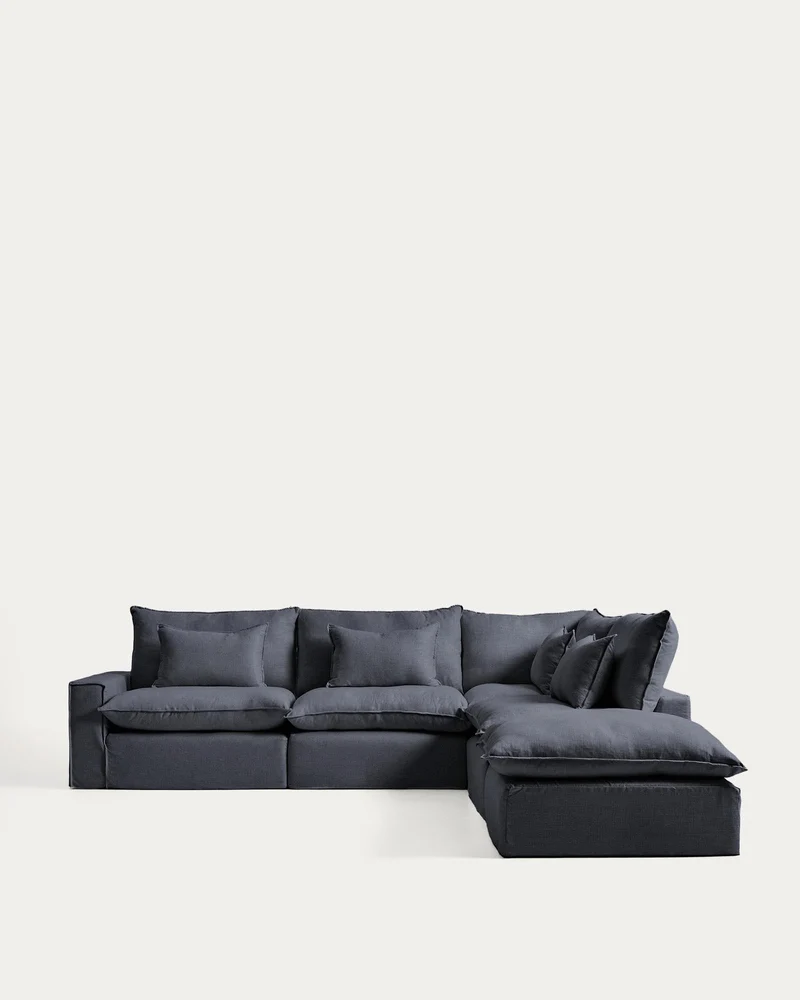 Modulares 6-Sitzer-Ecksofa Anarela mit abnehmbarem Bezug aus Leinen und Viskose in Dunkelg