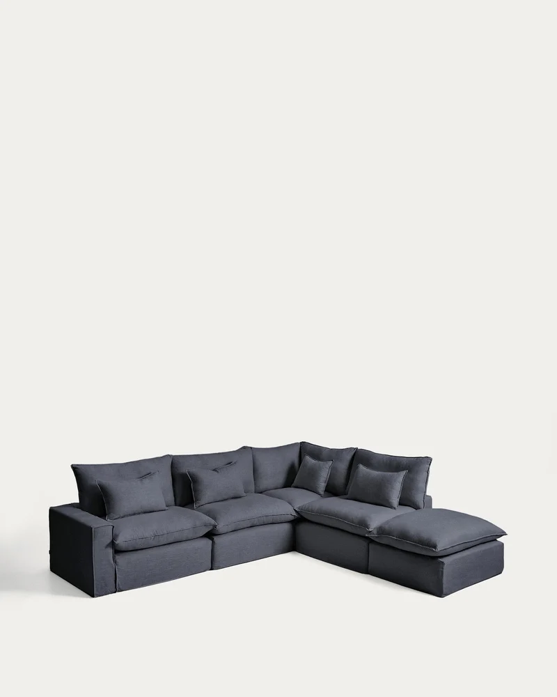 Modulares 6-Sitzer-Ecksofa Anarela mit abnehmbarem Bezug aus Leinen und Viskose in Dunkelg