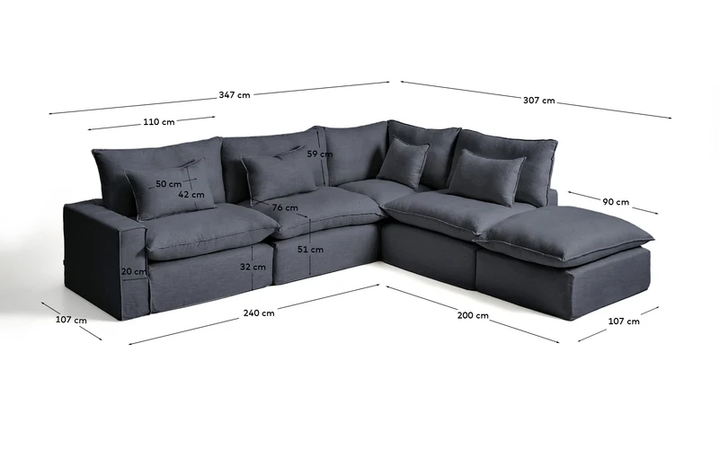 Modulares 6-Sitzer-Ecksofa Anarela mit abnehmbarem Bezug aus Leinen und Viskose in Dunkelg