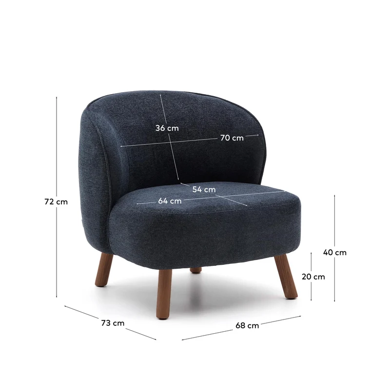 Sessel Ulit aus blaugrauer Chenille mit Beinen aus massivem Eschenholz mit Nussbaum-Finish