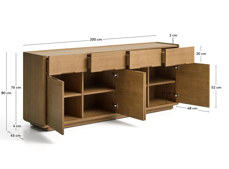 Sideboard Arelida aus Furnier und massivem Eichenholz mit hellbraunem Finish 200 x 80 cm F