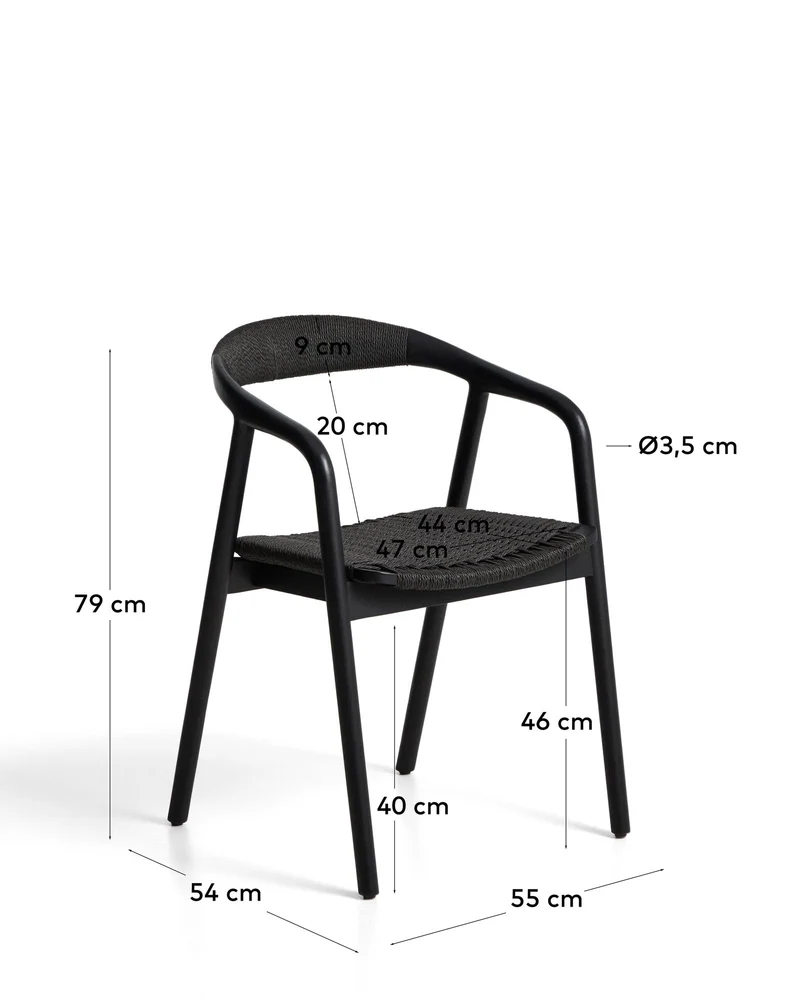 Stuhl Derile aus massivem Eichenholz mit schwarzem Finish und schwarzem Papierseil FSC Mix